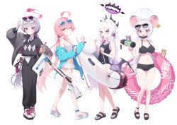  4girls absurdres ahoge alternate_costume alternate_hairstyle animal animal_ears bandaged_fingers bandaged_wrist bandages beretta_1301 bikini black_bikini black_nails black_pants blue-tinted_eyewear blue_archive blue_jacket blue_one-piece_swimsuit blush breasts cleavage closed_eyes closed_mouth collarbone collared_shirt cup demon_horns demon_wings dong_ji drinking_straw duck_innertube ear_tag eyewear_on_head fingernails frilled_bikini frills full_body gauze gauze_on_cheek grey_hair grey_halo grey_jacket gun hair_between_eyes hair_bobbles hair_ornament hairclip halo highres hina_(blue_archive) hina_(swimsuit)_(blue_archive) holding holding_cup horns hoshino_(blue_archive) hoshino_(swimsuit)_(blue_archive) innertube jacket long_hair looking_at_viewer low_twintails low_wings medium_breasts mouse_(animal) mouse_ears mouse_tail multiple_girls multiple_horns nail_polish name_tag navel nezusuke_(blue_archive) official_alternate_costume old_school_swimsuit one-piece_swimsuit one_eye_closed open_clothes open_jacket open_mouth over_shoulder pants parted_bangs pink_hair pink_halo purple_eyes red_eyes red_halo round_eyewear sandals saya_(blue_archive) school_swimsuit shirt shirt_partially_tucked_in shoes shotgun shuro_(blue_archive) simple_background smile sneakers sunglasses sweat swim_ring swimsuit tail tinted_eyewear toes twintails very_long_hair weapon weapon_over_shoulder whistle white-framed_eyewear white_background white_bikini white_footwear white_hair white_shirt wings yellow_eyes zoom_layer 