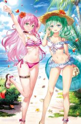  2girls bikini breasts closed_mouth fujima_takuya green_eyes hair_between_eyes highspeed_etoile hinata_hikari_(highspeed_etoile) kuzuryuu_akari long_hair looking_at_viewer medium_breasts multicolored_hair multiple_girls pink_hair red_eyes simple_background smile streaked_hair swimsuit 