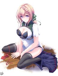  black_panties black_thighhighs blonde_hair blue_bra blue_skirt bra braid braided_bangs breasts female flying_button hachiware_(8ware63) hair_between_eyes hair_down highres kantai_collection large_breasts long_hair miniskirt panties perth_(kancolle) pleated_skirt purple_eyes shirt short_sleeves sitting skirt skirt_around_one_ankle solo textless_version thighhighs underwear wardrobe_malfunction wariza white_shirt 