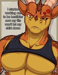  absurd_res aktiloth angry anthro bottomless clothed clothing cross-popping_vein dark_sclera dragon eye_scar facial_horn facial_scar hi_res horn male meme muscular muscular_anthro muscular_male mythological_creature mythological_scalie mythology nose_horn orange_body pecs raised_clothing raised_shirt raised_tank_top raised_topwear scales scalie scar selfie shirt shirt_only tank_top tank_top_lift tank_top_only teeth text topwear topwear_lift topwear_only topwear_up yellow_eyes 