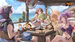  &gt;_&lt; 1boy 3girls absurdres alice_vu animal animal_ear_hood animal_ears beach bracelet braid breasts brown_hair cactus cleavage closed_eyes cloud computer crossed_legs cup earrings flower food fruit glasses green_hair hairband hedge highres holding holding_cup holding_staff hood inflatable_toy jewelry laptop large_breasts ling_(mahjong_soul) logo looking_at_viewer mahjong mahjong_soul mahjong_tile multiple_girls navel nikaidou_miki ocean official_art official_wallpaper open_mouth plant potted_plant purple_hair rainbow red_eyes red_panda sitting smile staff standing steam_(platform) tassel tassel_earrings terasaki_chihori watermelon white_flower white_hairband yuzu_(mahjong_soul) 