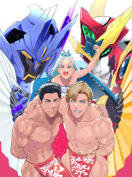  4boys :o absurdres ao_isami arm_behind_back black_hair blonde_hair blue_hair bravern chest_sarashi clenched_hand female grin hand_on_another&#039;s_shoulder happi highres japanese_clothes lewis_smith light_blue_hair mecha multiple_boys muscular muscular_male navel nipples red_eyes robot sarashi short_hair smile superbia_(bravern) topless twitter_username waz_pon_2 white_background yuuki_bakuhatsu_bang_bravern 