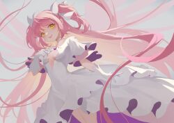  absurdres blush breasts choker covered_navel dress female gloves hair_ribbon hair_spread_out highres kaname_madoka long_hair mahou_shoujo_madoka_magica mahou_shoujo_madoka_magica_(anime) open_mouth pink_gemstone pink_hair ribbon short_sleeves simple_background smile solo teeth thighs two_side_up ultimate_madoka upper_teeth_only very_long_hair white_background white_choker white_dress white_gloves white_ribbon yellow_eyes zi_zz 