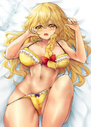  absurdres blonde_hair blush bra braid breasts cleavage commentary_request female highres kirisame_marisa large_breasts long_hair looking_at_viewer lying navel on_back on_bed open_mouth paid_reward_available panties poke200 side_braid single_braid solo textless_version touhou underwear variant_set yellow_bra yellow_eyes yellow_panties 