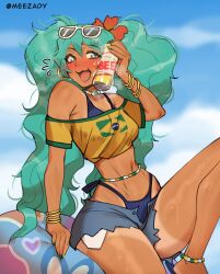  aqua_eyes aqua_hair bead_choker bikini bikini_under_clothes bracelet brazil brazilian_flag brazilian_miku can eyewear_on_head female flower hair_flower hair_ornament hatsune_miku highres holding holding_can jewelry long_hair looking_at_viewer multiple_bracelets navel roxxxan shirt short_sleeves shorts shorts_tan solo sunglasses swimsuit tan tanlines twintails very_long_hair vocaloid yellow_shirt 