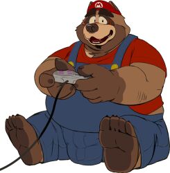  2024 anthro belly big_belly bulge canid canine clothing controller cosplay eyewear feet game_controller glasses hi_res kemono male mammal mario mario_bros nintendo nintendo_controller overalls overweight overweight_male raccoon_dog shirt simple_background sitting smile snes_controller solo super_nintendo tanuki tanumototanooki topwear vtuber white_background 