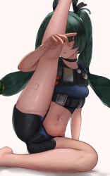  1d210kaigo absurdres android black_choker black_shorts choker commentary crop_top female green_eyes green_hair highres kneepits leg_up looking_at_viewer midriff navel qingyi_(zenless_zone_zero) shorts simple_background sitting solo stomach thighs twintails white_background zenless_zone_zero 