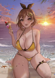  :d artist_name atelier_(series) atelier_ryza atelier_ryza_3 beach bikini black_hairband braid breasts brown_hair commentary crown_braid english_commentary female hair_ornament hairband hairclip highres holding holding_ice_cream_cone ice_cream_cone large_breasts navel ocean outdoors patreon_username reisalin_stout ryuuneart short_hair sitting smile solo starfish sun sunset swimsuit thigh_strap wariza yellow_bikini 