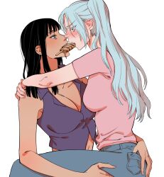  2girls age_difference bare_arms bare_shoulders black_hair blue_eyes blue_hair blue_pants blunt_bangs blush breasts cleavage crop_top dark-skinned_female dark_skin denim ear_blush expressionless eye_contact food from_side furrowed_brow half-closed_eyes hand_on_another&#039;s_ass hand_on_another&#039;s_thigh highres ice_cream jeans light_smile looking_at_another medium_breasts medium_hair multiple_girls nape nefertari_vivi nico_robin nose one_piece onti999 pants pink_shirt popsicle shirt short_sleeves simple_background sleeveless teeth upper_teeth_only v-neck white_background yuri 