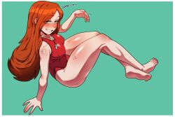  arm_support barefoot black_giraffe blush breasts commentary crossed_legs feet female freckles full_body gravity_falls grin highres lifeguard long_hair looking_at_viewer medium_breasts official_alternate_costume one-piece_swimsuit paid_reward_available red_hair red_one-piece_swimsuit shiny_skin smile solo swimsuit wendy_corduroy whistle whistle_around_neck 