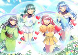  4girls :o ;) ;d black_footwear black_hair blue_eyes blue_hair blue_one-piece_swimsuit blue_sky bubble character_request cheerleader closed_mouth cloud commentary_request commission day green_hair green_kimono hands_up heart japanese_clothes kimono knees_together_feet_apart kou_hiyoyo long_hair multiple_girls obi off-shoulder_one-piece_swimsuit off_shoulder one-piece_swimsuit one_eye_closed outdoors parodius parted_lips pleated_skirt pom_pom_(cheerleading) red_hair sash shirt shoes skeb_commission skirt sky sleeveless sleeveless_shirt smile swimsuit textless_version very_long_hair white_footwear white_shirt white_skirt yellow_shirt yellow_skirt 