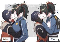  !? 2girls before_and_after belle_(zenless_zone_zero) black_gloves black_hair black_shirt blue_hair blue_jacket blush checkered_necktie closed_eyes dated french_kiss from_side gloves green_eyes grey_background heart jacket jouhou kissing metal_hairband multiple_girls musical_note necktie orange_gloves ponytail red_eyes red_hair shirt short_hair sleeveless sleeveless_jacket spoken_heart spoken_interrobang spoken_musical_note sweatdrop twitter_username upper_body yuri zenless_zone_zero zhu_yuan 