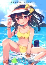  :d bandaid bandaid_on_arm bangle bare_legs bare_shoulders bikini black_hair blue_sky blush bow bracelet breasts cloud commentary_request day feet_out_of_frame female frilled_bikini frills hair_between_eyes hairbow hand_up hat holding ichihaya jewelry long_hair looking_at_viewer navel one_side_up original outdoors red_bow red_eyes rubber_duck shallow_water single_wrist_cuff sitting sky small_breasts smile solo swimsuit translation_request visor_cap water white_bow white_hat wrist_cuffs yellow_bikini yellow_bow 