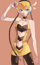  arm_at_side bare_arms black_choker blonde_hair blue_eyes blunt_bangs breasts choker cleavage collarbone dress elesa_(pokemon) female hand_up headphones holding holding_poke_ball low_neckline medium_breasts midriff navel negi_(loveyr) open_mouth pantyhose poke_ball poke_ball_(basic) pokemon pokemon_bw short_dress short_hair sleeveless sleeveless_dress solo yellow_dress 