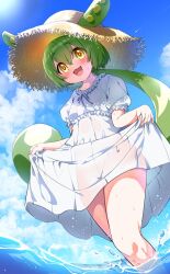  alternate_costume blue_sky blush cloud commentary curtsey day dress dutch_angle feet_out_of_frame female flat_chest frilled_dress frilled_sleeves frills green_hair hair_between_eyes hat highres kouki_kuu long_hair looking_at_viewer low_ponytail medium_bangs open_mouth outdoors pea_pod puffy_short_sleeves puffy_sleeves short_sleeves sky smile solo straw_hat sun_hat very_long_hair voiceroid voicevox water white_dress yellow_eyes zundamon 