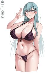  absurdres alternate_costume animal_print aqua_eyes aqua_hair bikini blush breasts cowboy_shot female hair_ornament hairclip highres kantai_collection large_breasts leopard_print long_hair looking_at_viewer purple_bikini solo suzuya_(kancolle) swimsuit tf_cafe twitter_username 