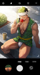  1boy abs_peek ass bara bare_legs black_hair blush bulge candy candy_apple dated day eating facial_hair feet_out_of_frame food fundoshi goatee gorioxxxx green_eyes green_hair green_happi headband highres holding holding_candy holding_food holding_lollipop ikusaba_daisuke japanese_clothes lollipop looking_at_viewer male_focus male_underwear multicolored_hair muscular muscular_male pectoral_cleavage pectorals sideburns sitting sleeveless solo sunlight thighs tokyo_afterschool_summoners twitter_username two-tone_hair undercut underwear viewfinder white_headband white_male_underwear 