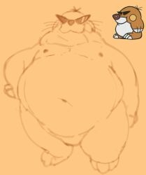  2024 anthro belly big_belly eulipotyphlan hi_res male mammal mario_bros marioaec1 mega_mole mole_(animal) monty_mole moobs navel nintendo nipples overweight overweight_male simple_background smile solo 