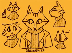  2023 5_fingers anthro artist_name clothed_male clothing coat digital_media_(artwork) domestic_cat ellipsis felid feline felis fingers front_view frown fur gesture greengrizz hand_gesture klaus_(greengrizz) line_art looking_aside male mammal mouth_closed orange_background orange_body orange_clothing orange_coat orange_fur orange_sweater orange_topwear pointing pointing_up pupils rear_view side_view simple_background slit_pupils solo striped_body striped_fur stripes sweater topwear worried 