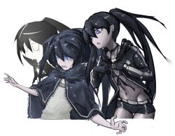  3girls absurdres black_bra black_cape black_choker black_gloves black_hair black_hoodie black_rock_shooter black_rock_shooter:_innocent_soul black_rock_shooter_(character) black_shorts blue_eyes bra cape chibi choker colored_skin dress flat_chest fur_collar gloves grey_dress grey_skin hair_between_eyes highres hood hood_down hoodie long_hair long_sleeves mizusawao50891 multiple_girls open_clothes open_hoodie pale_skin scar short_shorts shorts stitched_torso stitches twintails underwear uneven_twintails white_background 