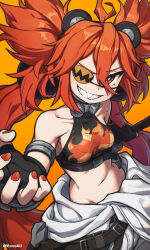  absurdres ahoge bbyong403 belt black_belt black_gloves eyepatch female fingerless_gloves gloves hair_between_eyes highres holding holding_weapon koleda_belobog long_hair looking_at_viewer medium_hair orange_background red_hair red_nails sharp_teeth simple_background smile solo standing teeth twintails weapon zenless_zone_zero 