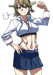  abs blue_skirt brown_eyes brown_hair closed_eyes female flexing flipped_hair hiei_(kancolle) hiei_(race_queen_mode)_(kancolle) highres jacket kantai_collection megakura_kinshi midriff navel official_alternate_costume pleated_skirt popped_collar puff_of_air shirt simple_background skirt solo white_background white_jacket white_shirt 