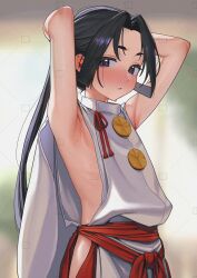  1boy arm_behind_head arm_up armpits black_hair blurry blurry_background blush commentary_request hakama highres houjou_tokiyuki_(nige_jouzu_no_wakagimi) japanese_clothes kariginu long_hair looking_at_viewer low-cut_armhole male_focus nanja nige_jouzu_no_wakagimi otoko_no_ko parted_lips purple_eyes red_hakama red_sash sash short_eyebrows sidelocks_tied_back solo sweat tabard upper_body very_long_hair watermark 