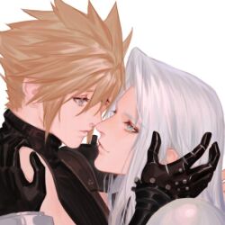  2boys armor blonde_hair blue_eyes cloud_strife couple eyelashes final_fantasy final_fantasy_vii final_fantasy_vii_remake gloves grey_hair hand_on_another&#039;s_head hand_on_another&#039;s_shoulder holding imminent_kiss keria long_hair male_focus multiple_boys parted_lips sephiroth shirt short_hair shoulder_armor single_shoulder_pad sleeveless sleeveless_turtleneck slit_pupils smile spiked_hair suspenders turtleneck yaoi 