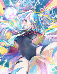  arm_up blue_background blush bomb breasts copyright_request covered_navel cowboy_shot explosive female from_below highres holding holding_bomb kamiya_zuzu large_breasts looking_at_viewer multicolored_eyes multicolored_hair navel one-piece_swimsuit short_twintails sideboob sideboob_cutout smile swimsuit thighs twintails 