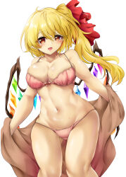  absurdres blonde_hair bra breasts cleavage commentary_request crystal_wings female flandre_scarlet hair_ribbon highres large_breasts long_hair looking_at_viewer navel one_side_up pants pink_bra pink_pants pointy_ears poke200 red_eyes red_ribbon ribbon side_ponytail simple_background solo touhou underwear variant_set white_background 