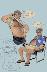  1boy bara bare_pectorals beard_stubble belly blush collage come_hither doodle_inset english_text facial_hair full_body gravity_falls grey_hair highres lifting_own_clothes male_focus mature_male navel navel_hair nipples old old_man open_clothes open_shirt pectorals plump short_hair sitting speech_bubble standing stanley_pines stomach stubble thick_arm_hair thick_chest_hair thick_eyebrows thick_navel_hair very_hairy zenzen_(jaizenazul) 