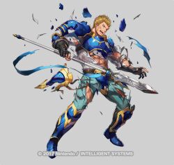  1boy abs armor black_gloves blonde_hair blue_armor blue_eyes broken_armor commentary company_name dai-xt fire_emblem fire_emblem:_path_of_radiance fire_emblem_heroes full_body gatrie_(fire_emblem) gloves gold_trim holding holding_polearm holding_weapon injury male_focus muscular muscular_male official_art one_eye_closed open_mouth polearm solo torn_clothes weapon 