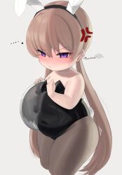  ... alternate_body_size anger_vein animal_ears black_leotard blush breasts clenched_hand closed_mouth covered_navel fake_animal_ears female hair_between_eyes highres leotard light_brown_hair long_hair looking_at_viewer low_twintails oruka_(kamituki0827) pantyhose playboy_bunny plump purple_eyes rabbit_tail simple_background slit_pupils small_breasts solo strapless strapless_leotard sweat tail thick_arms thick_thighs thighs tsukuyomi_ai twintails v-shaped_eyebrows voiceroid 