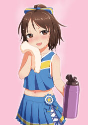  blush bottle brown_eyes brown_hair cheerleader crop_top female flat_chest hair_ribbon highres idolmaster idolmaster_cinderella_girls looking_at_viewer navel open_mouth pink_background ponytail ribbon sakaki_imasato simple_background skirt smile solo sweat tachibana_arisu towel water_bottle wiping_sweat 