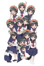  2girls absurdres armband black_hair blue_sailor_collar blue_skirt brown_eyes computer female_pervert flower green_eyes hair_flower hair_ornament head_wreath highres laptop long_hair looking_at_viewer multiple_girls multiple_views neckerchief open_mouth pension_z pervert pleated_skirt pointing pointing_up red_neckerchief sailor_collar sakugawa_school_uniform saten_ruiko school_uniform serafuku shirt short_hair skirt summer_uniform toaru_kagaku_no_railgun toaru_majutsu_no_index uiharu_kazari under_skirt white_shirt 