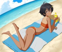  ahoge barefoot beach beach_towel bikini black_hair blue_sky bottle cloud dark-skinned_female dark_skin day female food-themed_hair_ornament full_body hair_ornament highres horizon kyouji44288608 lemon_hair_ornament lying make_heroine_ga_oo_sugiru! ocean on_stomach orange_bikini outdoors purple_eyes short_hair sky smile solo strapless strapless_bikini swimsuit towel yakishio_remon 