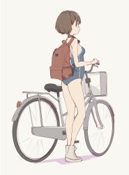  backpack bag bare_shoulders bicycle blue_one-piece_swimsuit breasts brown_eyes brown_hair commentary_request competition_school_swimsuit female full_body goggles goggles_around_neck high_tops highres looking_at_viewer looking_to_the_side one-piece_swimsuit original popman3580 profile red_bag school_swimsuit shoes short_hair simple_background small_breasts sneakers solo standing swimsuit white_background white_footwear white_sneakers 