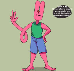  3_toes 4_fingers anthro bottomwear closed_eyes clothing elastic english_text feet fingers hair hi_res jovi_cap jovi_cap_(oc) lagomorph leporid male mammal model_sheet pink_body rabbit red_hair shirt shorts solo text toes topwear 