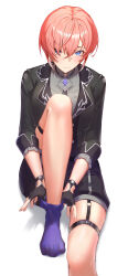  absurdres alternate_costume bare_legs black_gloves black_jacket black_shorts blue_eyes blush breasts closed_mouth crossed_bangs eyelashes feet female fingerless_gloves foot_out_of_frame gloves hair_between_eyes hair_over_one_eye highres hololive jacket jewelry knee_up large_breasts legs long_sleeves looking_at_viewer multicolored_hair necklace no_shoes pink_hair purple_socks putting_on_legwear see-through see-through_legwear shadow short_hair shorts simple_background sitting skindentation smile socks solo streaked_hair takane_lui toes virtual_youtuber white_background yoruta_(yossy_puyo_holo) 