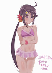  ahoge akebono_(kancolle) akebono_kai_ni_(swimsuit_mode)_(kancolle) bell bikini black_choker choker dated female flower hair_bell hair_between_eyes hair_flower hair_ornament highres jingle_bell kantai_collection long_hair one-hour_drawing_challenge pink_bikini porupurucha purple_eyes purple_hair red_flower scrunchie signature simple_background solo swimsuit very_long_hair white_background white_flower wrist_scrunchie 