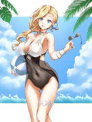  :d absurdres azur_lane ball blonde_hair blue_eyes blue_flower bracelet breasts casual_one-piece_swimsuit check_commentary choker cleavage cloud commentary_request cowboy_shot day female flower hair_flower hair_ornament highres holding holding_ball holding_removed_eyewear hood_(azur_lane) hood_(lady_of_the_shining_sun)_(azur_lane) jewelry large_breasts layered_swimsuit looking_at_viewer madakov_kodima official_alternate_costume one-piece_swimsuit open_mouth outdoors palm_tree smile sunglasses swimsuit thigh_strap tree unworn_eyewear water 