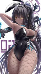  animal_ears arm_up armpits black_hair black_leotard blue_archive blue_bow blue_bowtie bow bowtie boys_anti_tank_rifle breasts cleavage commentary covered_navel dark-skinned_female dark_skin detached_collar fake_animal_ears female fishnet_pantyhose fishnets gun halo high_ponytail highleg highleg_leotard highres karin_(blue_archive) karin_(bunny)_(blue_archive) large_breasts leotard official_alternate_costume pantyhose playboy_bunny rabbit_tail rifle side-tie_leotard sideboob silver_bullet_(ecc12_8) sniper_rifle solo strapless strapless_leotard tail traditional_bowtie weapon wrist_cuffs yellow_eyes 