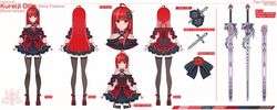  absurdres alternate_costume black_bow bow collarbone dress female highres hololive hololive_indonesia kureiji_ollie kuronekozero long_hair multiple_views off-shoulder_dress off_shoulder olivia_(kureiji_ollie) open_hands red_dress red_eyes red_footwear red_hair reference_sheet sword sword_hair_ornament thighhighs very_long_hair virtual_youtuber weapon 