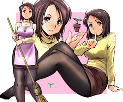  apron black_legwear blush breasts brown_eyes brown_hair commentary_request female holding kamisimo_90 large_breasts looking_at_viewer multiple_views original pantyhose plant plant_girl_(kamisimo_90) potted_plant red_skirt short_hair sitting skirt smile sweater turtleneck yellow_sweater 