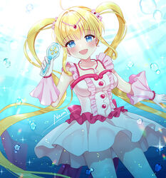  ahoge air_bubble blonde_hair blue_eyes bubble cowboy_shot dress earrings female frilled_dress frills gloves holding holding_microphone idol jewelry long_hair looking_at_viewer mermaid_melody_pichi_pichi_pitch microphone nanami_lucia nanami_lucia_(idol) nanami_lucia_(super_idol) naomi_(fantasia) necklace pink_dress pink_gloves shell shell_earrings shell_necklace smile solo underwater 