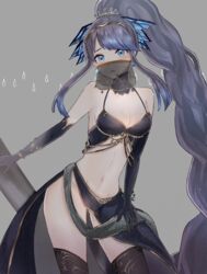  :o akitama2727 bare_shoulders bikini blue_bikini blue_eyes blue_gloves blue_hair blue_thighhighs breasts cleavage covering_own_mouth elbow_gloves female gloves grey_background hair_between_eyes hair_ornament highres long_hair looking_at_viewer mask mouth_mask mouth_veil navel ningyo_hime_(sinoalice) open_mouth ponytail see-through see-through_mask simple_background sinoalice solo swimsuit thighhighs veil 