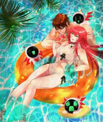  1boy absurdres ankh breasts brown_hair cleavage cup female green_eyes guilty_gear guilty_gear_strive highres innertube jack-o&#039;_valentine knight_servant lancer_servant long_hair magician_servant red_hair smile sol_badguy sunglasses swim_ring ume_(okum_00) water 