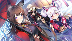  3girls alternate_costume amagi_(azur_lane) animal_ear_fluff animal_ears azur_lane bismarck_(azur_lane) bismarck_(beacon_of_the_iron_blood)_(azur_lane) black_dress black_gloves black_thighhighs blonde_hair blue_eyes blunt_bangs blush bow breasts breath brown_hair cleavage closed_mouth commentary_request double_bun dress elbow_gloves english_commentary fingerless_gloves floating_hair floral_print food fox_ears gloves hair_between_eyes hair_bun hairband hairbow holding holding_food japanese_clothes kimono kurot laffey_(azur_lane) laffey_(snow_rabbit_and_candy_apple)_(azur_lane) large_breasts long_hair long_sleeves looking_at_viewer mixed-language_commentary multiple_girls obi oil-paper_umbrella open_mouth outdoors parted_lips print_kimono purple_eyes rabbit_ears red_bow red_eyes red_hairband sash smile thick_eyebrows thighhighs twitter_username umbrella very_long_hair white_hair wide_sleeves 