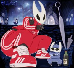  2023 adidas arthropod bludermaus bottomwear clothing crossed_arms crouching devil_horns_(gesture) double_devil_horns_(gesture) duo elderbug_(hollow_knight) footwear gesture gopnik hand_gesture hollow_knight hornet_(hollow_knight) pants posing_for_picture shoes slav_squat sneakers sweatpants sweatshirt team_cherry the_knight_(hollow_knight) tracksuit vessel_(species) 