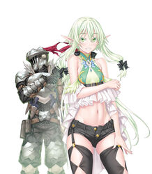  1boy armor armpit_crease bare_shoulders black_legwear black_shorts blush breasts crop_top elf female full_armor goblin_slayer goblin_slayer! green_eyes green_hair grin hair_between_eyes helm helmet high_elf_archer_(goblin_slayer!) highres kannatsuki_noboru knight long_hair looking_at_viewer midriff navel novel_illustration official_art open_fly open_mouth plume pointy_ears shiny_skin short_shorts shorts simple_background skindentation sleeveless small_breasts smile standing teeth thighhighs very_long_hair visor_(armor) white_background 